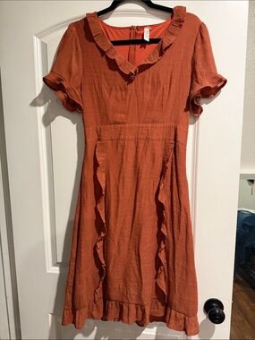 Ruffle-Trim Midi Dress in Burnt Orange